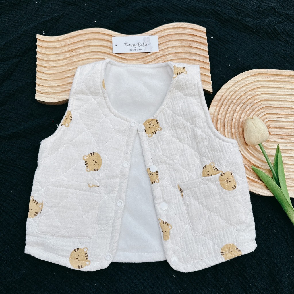 Áo Gile Trần Bông Họa Tiết Mèo Phối Túi Hông  Cực Xinh Dành Cho Bé, Áo Thu Đông Trẻ Em