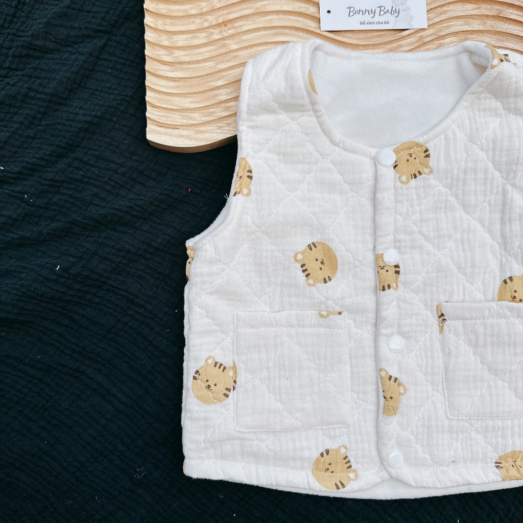 Áo Gile Trần Bông Họa Tiết Mèo Phối Túi Hông  Cực Xinh Dành Cho Bé, Áo Thu Đông Trẻ Em