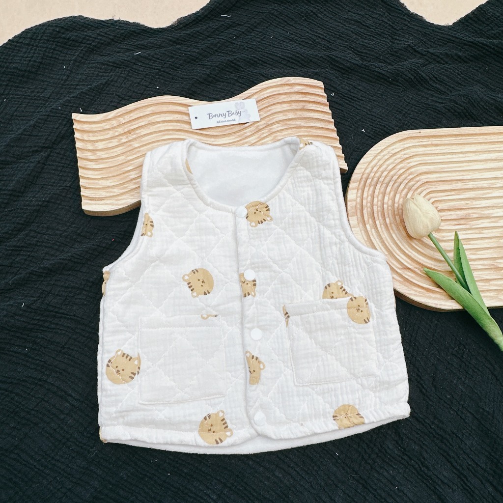 Áo Gile Trần Bông Họa Tiết Mèo Phối Túi Hông  Cực Xinh Dành Cho Bé, Áo Thu Đông Trẻ Em