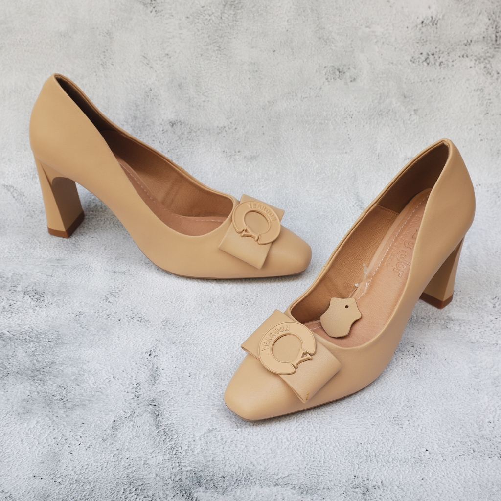 Giày cao gót cao 8cm da thật màu đen kem nâu, đính nơ da mềm êm - NeO5062DE