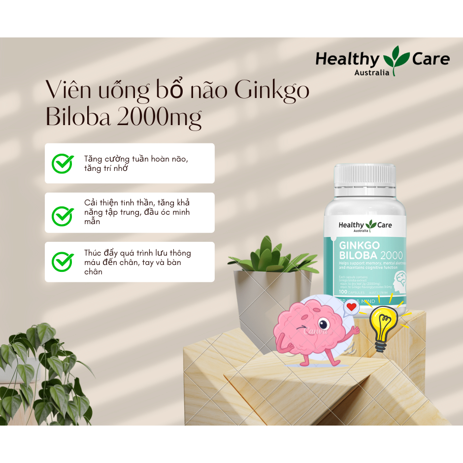 Viên uống bổ não Healthy Care Ginkgo Biloba 2000 tuần hoàn lưu thông máu 100 viên Qùa Tặng Mẹ