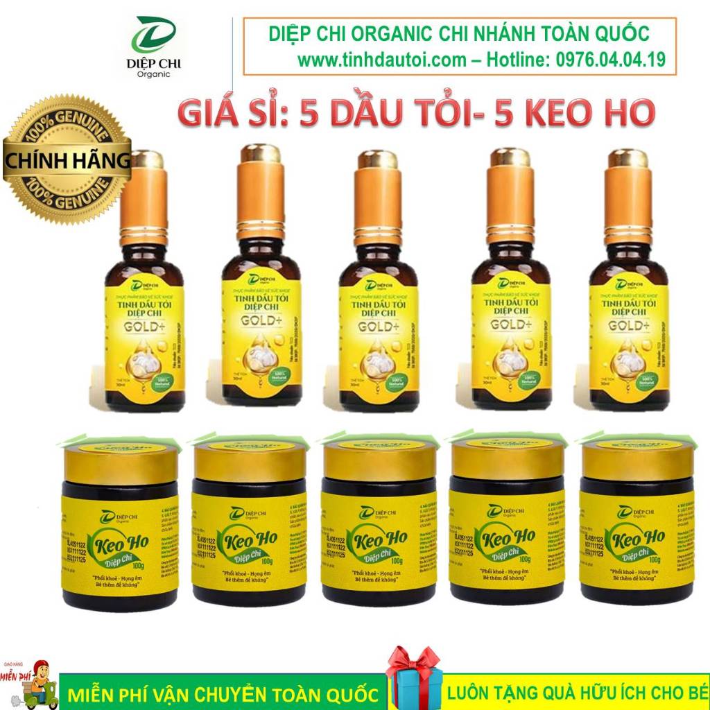 {GIÁ SỈ} Combo 5 Tinh Dầu Tỏi 30ml Và 5 Keo Ho 100g DIỆP CHI Organic Giảm Ho, Hắt Hơi, Sổ Mũi Do Cảm Lạnh