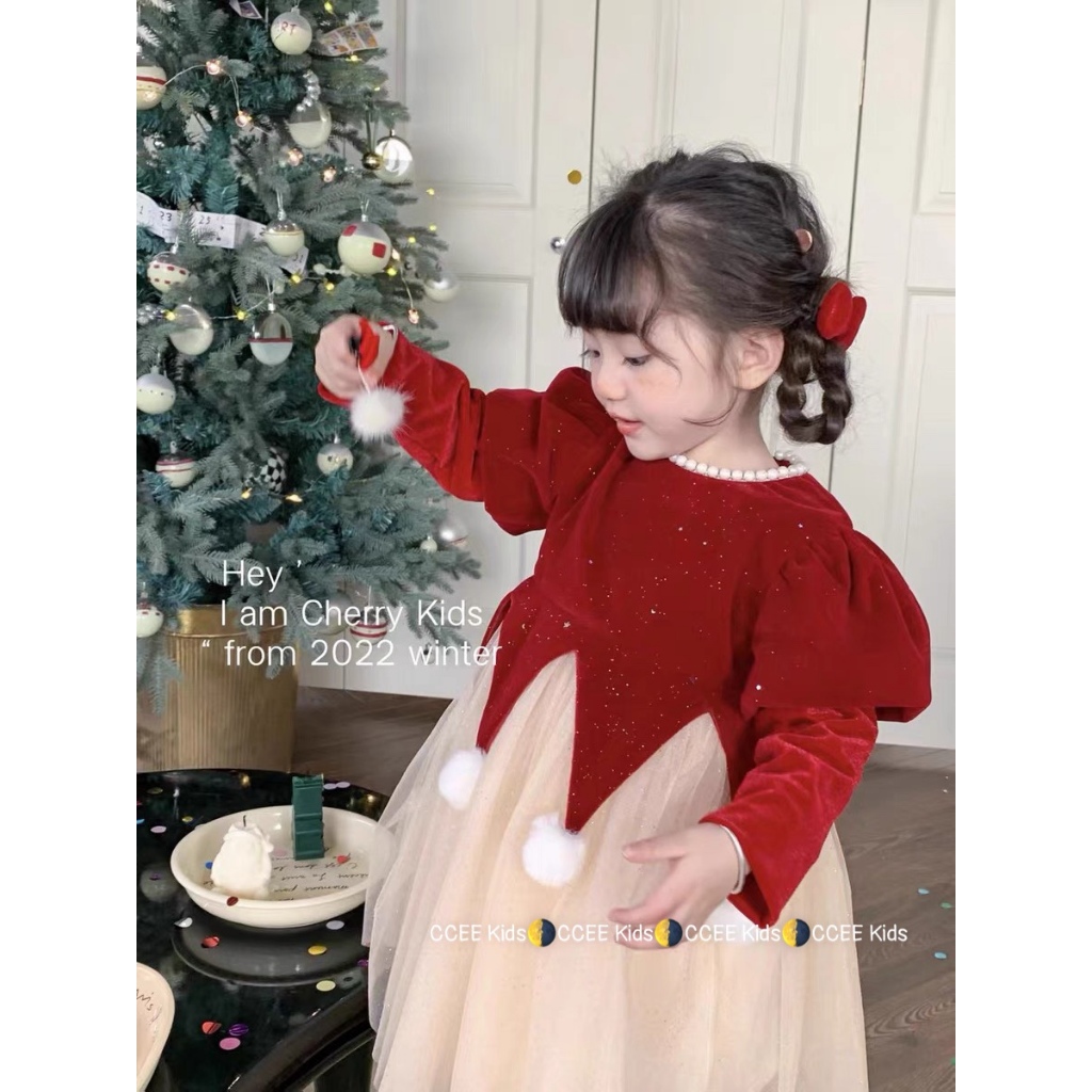 Váy nhung Noel lưới kim tuyến xoè bồng đẹp tiểu thư 10-26kg