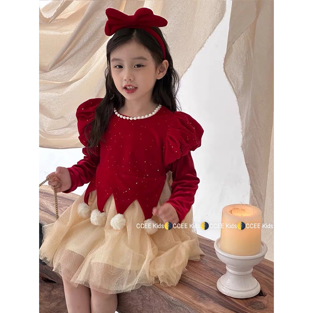 Váy nhung Noel lưới kim tuyến xoè bồng đẹp tiểu thư 10-26kg