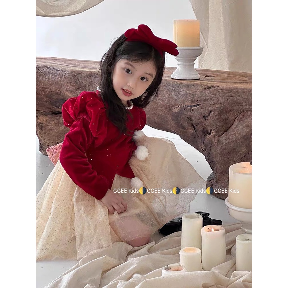 Váy nhung Noel lưới kim tuyến xoè bồng đẹp tiểu thư 10-26kg