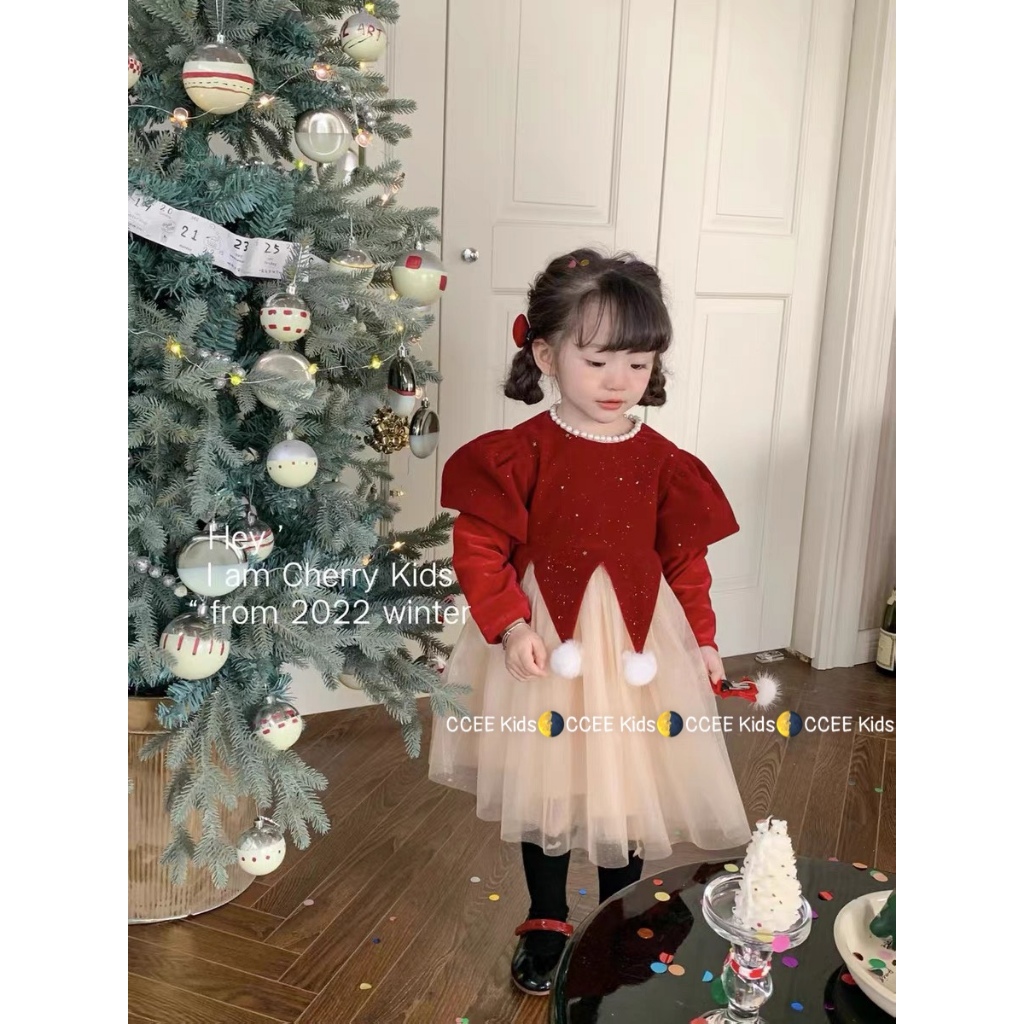 Váy nhung Noel lưới kim tuyến xoè bồng đẹp tiểu thư 10-26kg