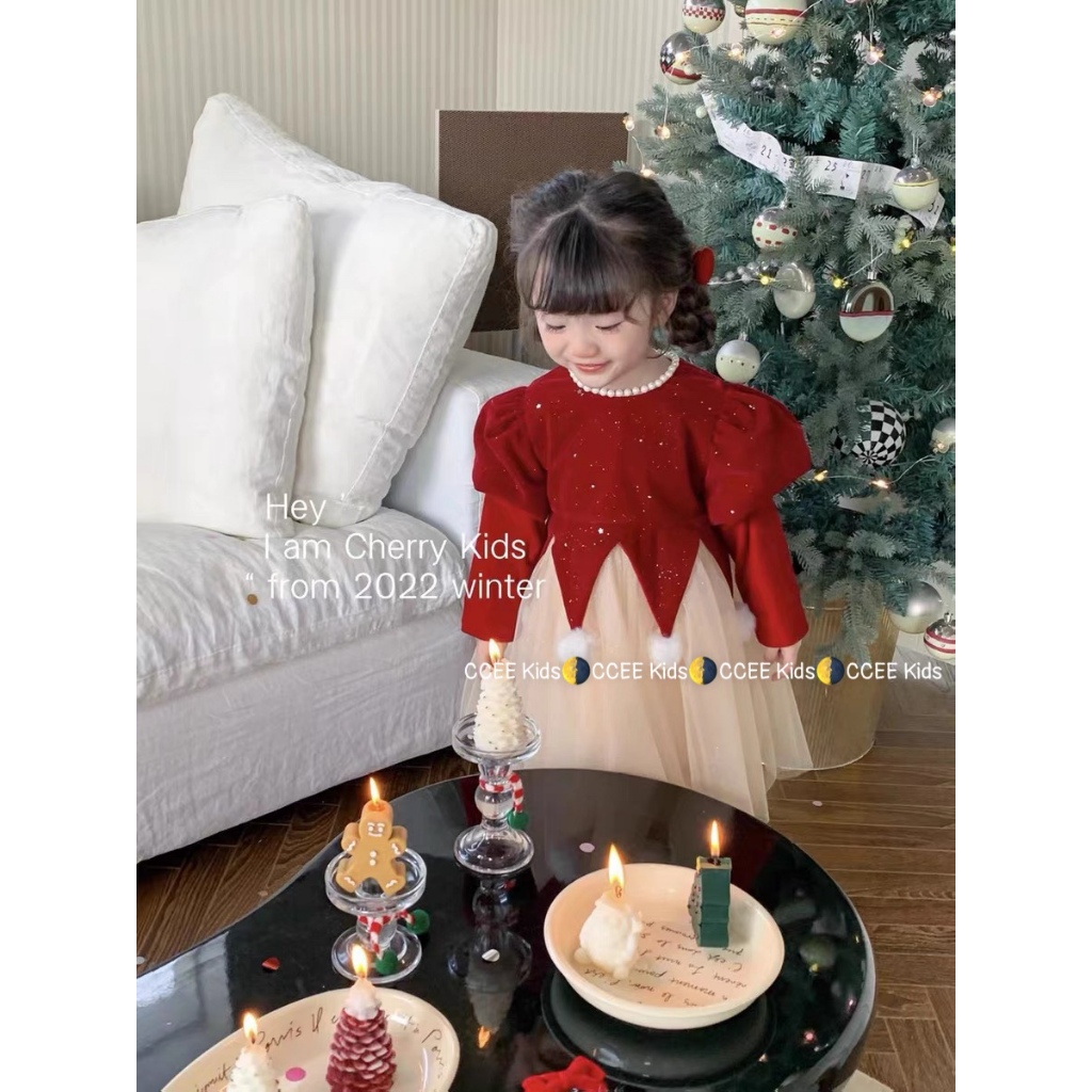 Váy nhung Noel lưới kim tuyến xoè bồng đẹp tiểu thư 10-26kg