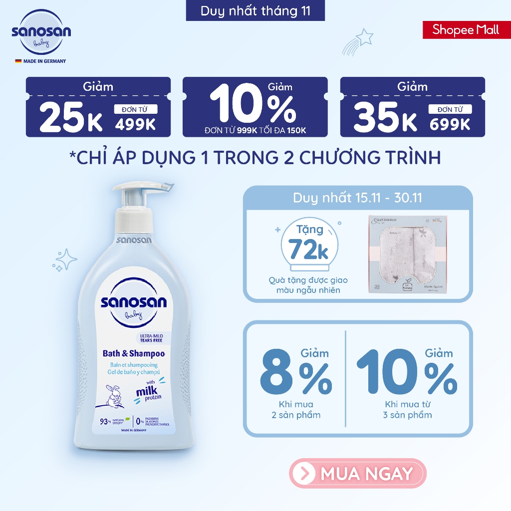 THÁNG 11 - MUA 2 GIẢM 8%, MUA 3 GIẢM 10% Sữa tắm gội Sanosan baby Bath and