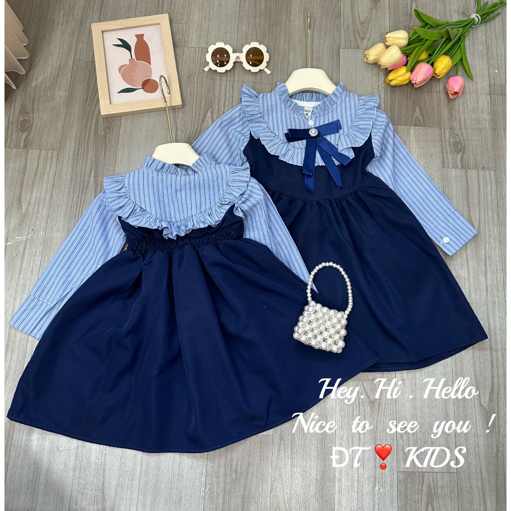 Váy bé gái, váy tiểu thư phối cổ sơ mi xinh xắn cho bé gái 8-30kg