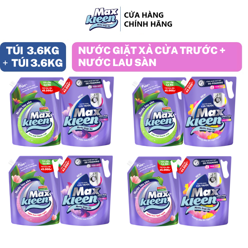 Combo Túi Nước Giặt Xả MaxKleen chuyên dụng Cửa trước 3.6kg + Túi Nước Lau sàn 3.6kg