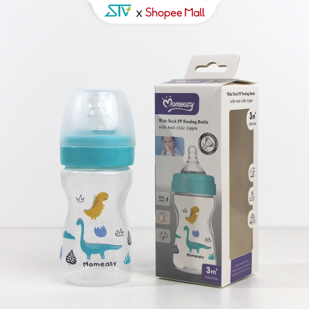 Bình Sữa Momeasy 150ML Cổ Rộng Họa Tiết Dễ Thương Cho Bé