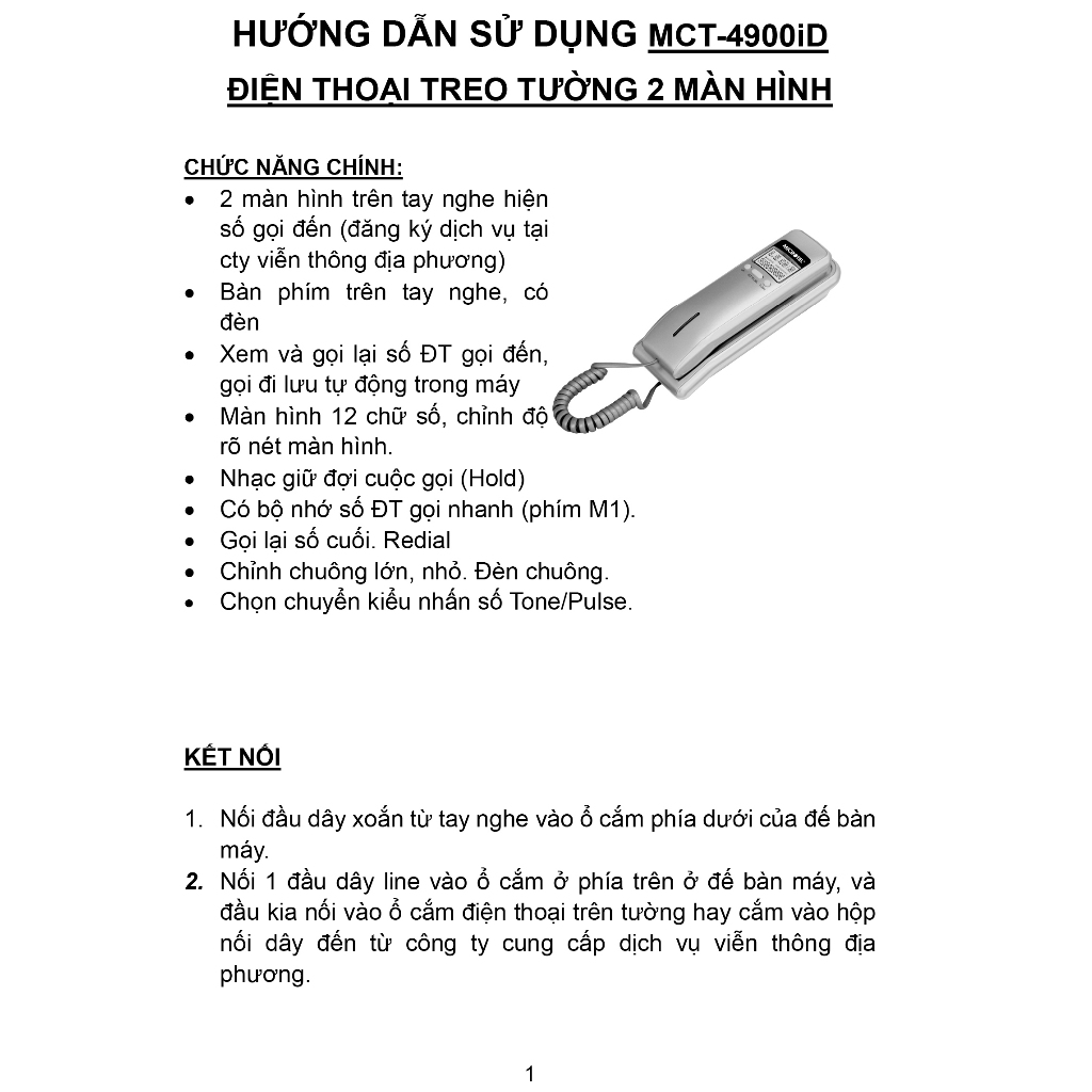 Điện thoại cố định có dây bàn phím trên tay cầm, 2 màn hình hiện số gọi tới, treo tường, cho hotel, cty, gia đình.