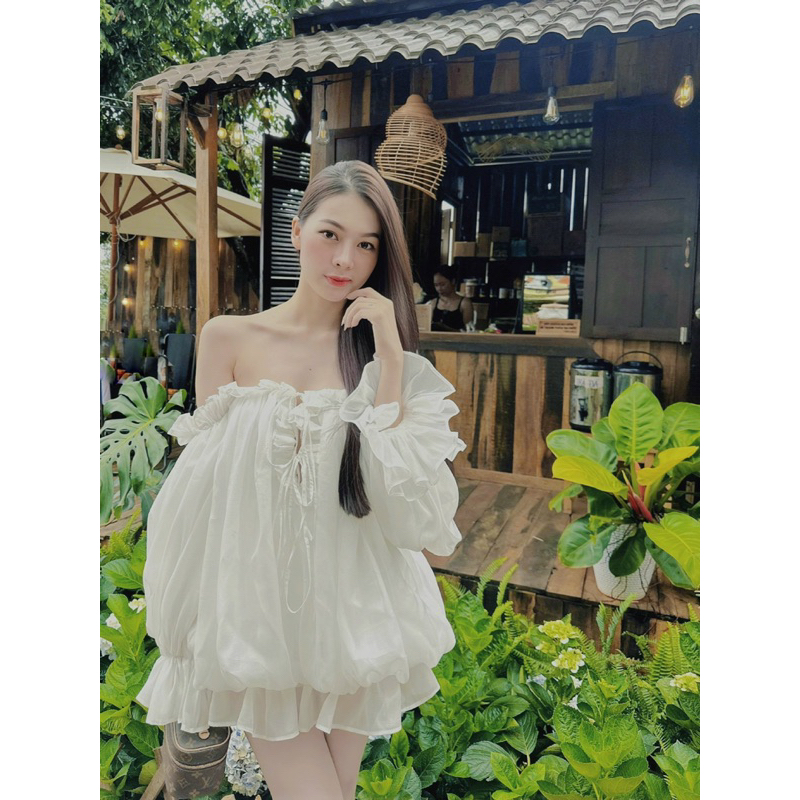 Rojes Top áo freesize tay dài trễ vai tiểu thư. Ảnh thật shop chụp