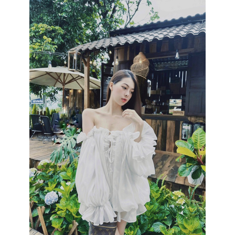 Rojes Top áo freesize tay dài trễ vai tiểu thư. Ảnh thật shop chụp