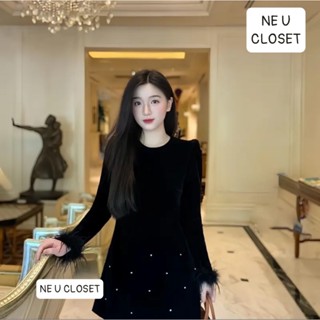   VÁY THIẾT KẾ    CÒN HÀNG - IB SHOP  Váy nhung lì dài tay đính đá tay phối lông đầm dự tiệc đầm nhung váy dụ tiệc,sẵ. 