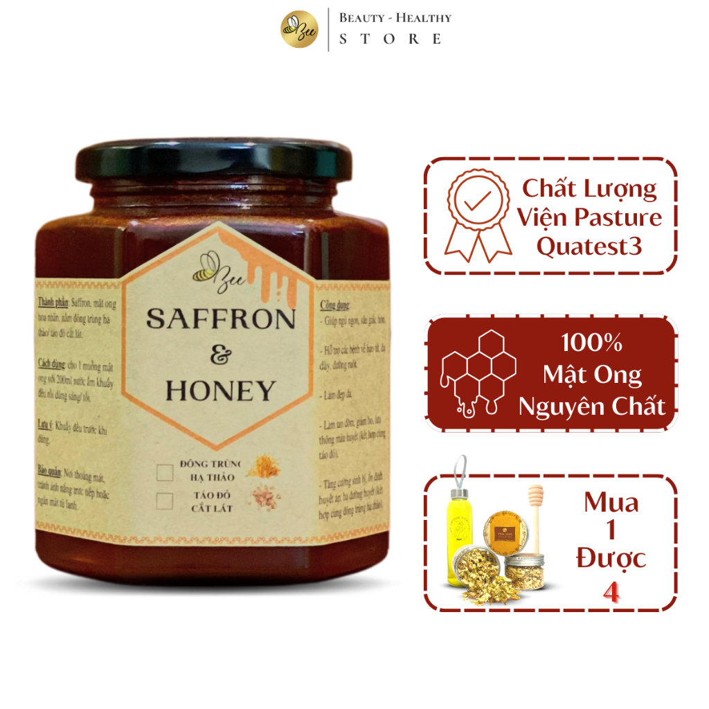 Saffron Ngâm Mật Ong Beebeauty chính hãng giúp ngủ ngon sâu giấc 500ml