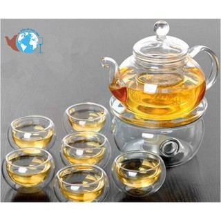 Bộ ấm chén pha trà cao cấp chịu nhiệt 108 bao gồm 1 ấm pha trà, 1 đế nến , 1 khay gỗ, 6 ly thủy tinh 2 lớp