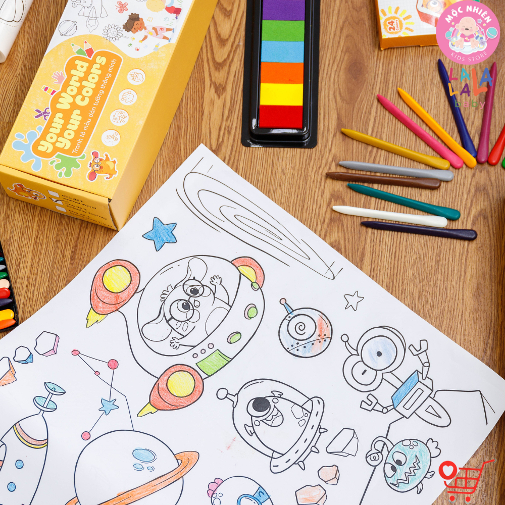 Cuộn Tranh Tô Màu Dán Tường Cỡ Lớn Kèm 24 Màu Sáp Hữu Cơ, Màu Vân Tay và Kéo An Toàn Cho Bé - Lalala Baby