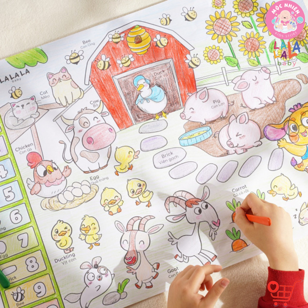 Cuộn Tranh Tô Màu Dán Tường Cỡ Lớn Kèm 24 Màu Sáp Hữu Cơ, Màu Vân Tay và Kéo An Toàn Cho Bé - Lalala Baby