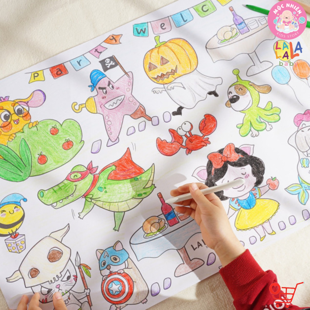 Cuộn Tranh Tô Màu Dán Tường Cỡ Lớn Kèm 24 Màu Sáp Hữu Cơ, Màu Vân Tay và Kéo An Toàn Cho Bé - Lalala Baby