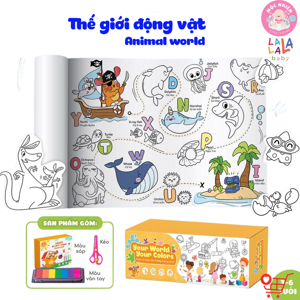 Cuộn Tranh Tô Màu Dán Tường Cỡ Lớn Kèm 24 Màu Sáp Hữu Cơ, Màu Vân Tay và Kéo An Toàn Cho Bé - Lalala Baby