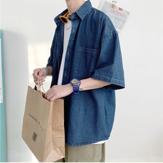 Áo bò nam sơ mi tay ngắn form rộng vải jean denim cao cấp phong cách Hàn Quốc pon.mens hà nội hcm