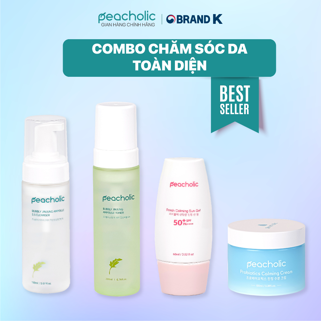 Combo dưỡng ẩm Peacholic Sữa Rửa Mặt - Toner - Kem Chống Nắng - Kem Dưỡng Ẩm Ngải Cứu 200ml