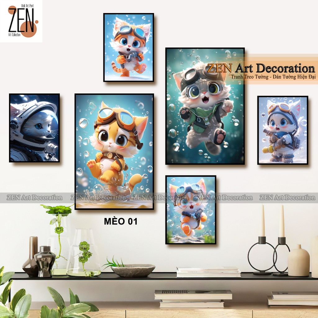 Bộ 6 tranh dán tường bé mèo dễ thương, tranh chủ đề thú cưng trang trí decor phòng bé, nhà ở