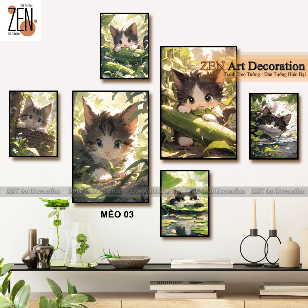 Bộ 6 tranh dán tường bé mèo dễ thương, tranh chủ đề thú cưng trang trí decor phòng bé, nhà ở