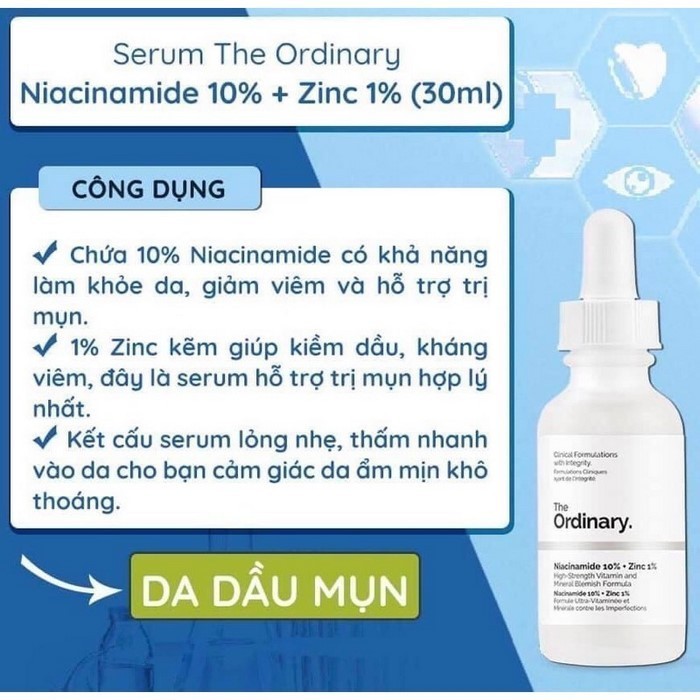 Serum ngừa mụn, sáng da, se khít Niacinamide 10% + Zinc 1% - The Ordinary 30ml.