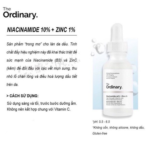Serum ngừa mụn, sáng da, se khít Niacinamide 10% + Zinc 1% - The Ordinary 30ml.