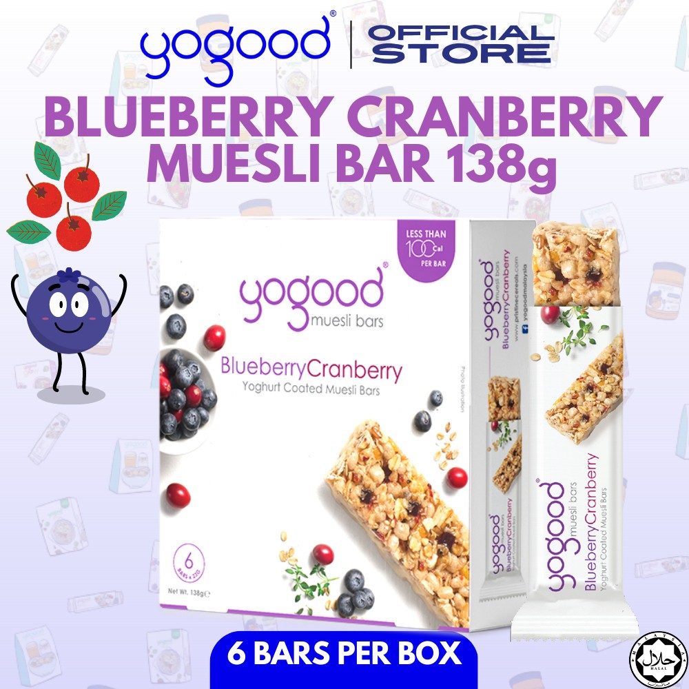 Ngũ cốc dạng thanh cao cấp vị việt quất, nam việt quất - Yogood Blueberry Cranberry Muesli Bars - Hộp 138g