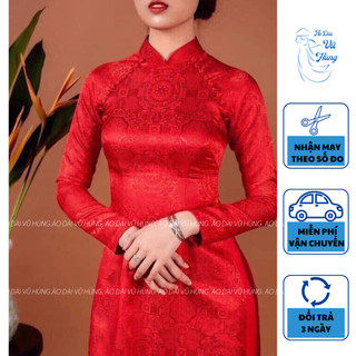 Áo dài gấm đỏ cao cấp, áo dài truyền thống màu đỏ tay dài cổ cao