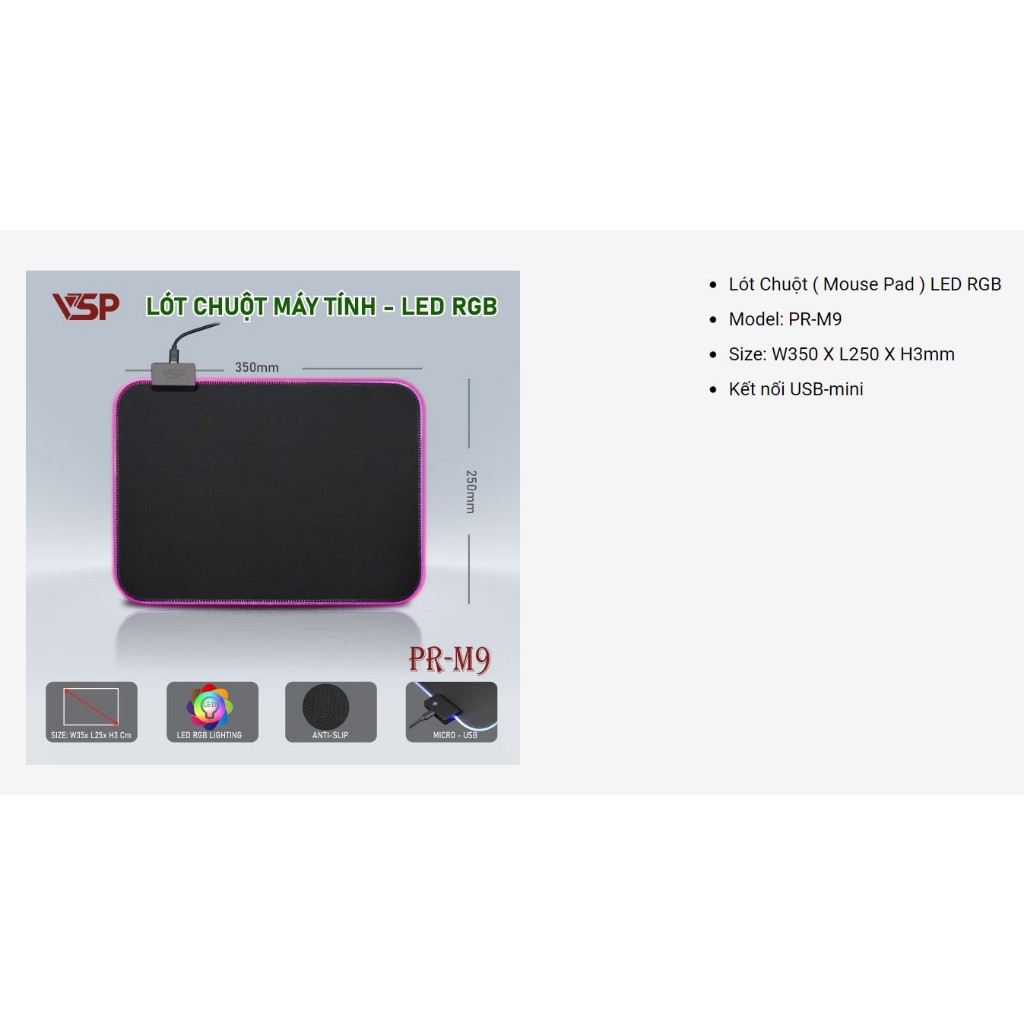 Lót chuột VSP PR-M9 LED RGB 250 x 350 x 3 mm - Mouse Pad Gaming