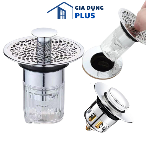Nút nhấn xả chậu Lavabo cho bồn rửa mặt, nút chặn lỗ thoát nước kèm bộ nắp lưới lọc ngăn rác, ngăn m