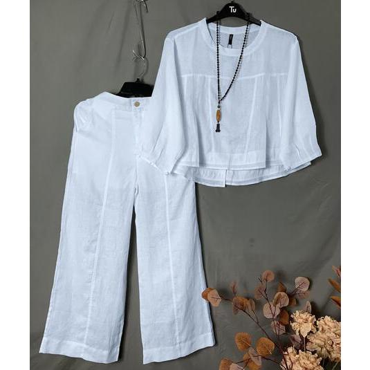 Set bộ trắng áo dài tay quần ống rộng vải Linen Mái Em _S2233