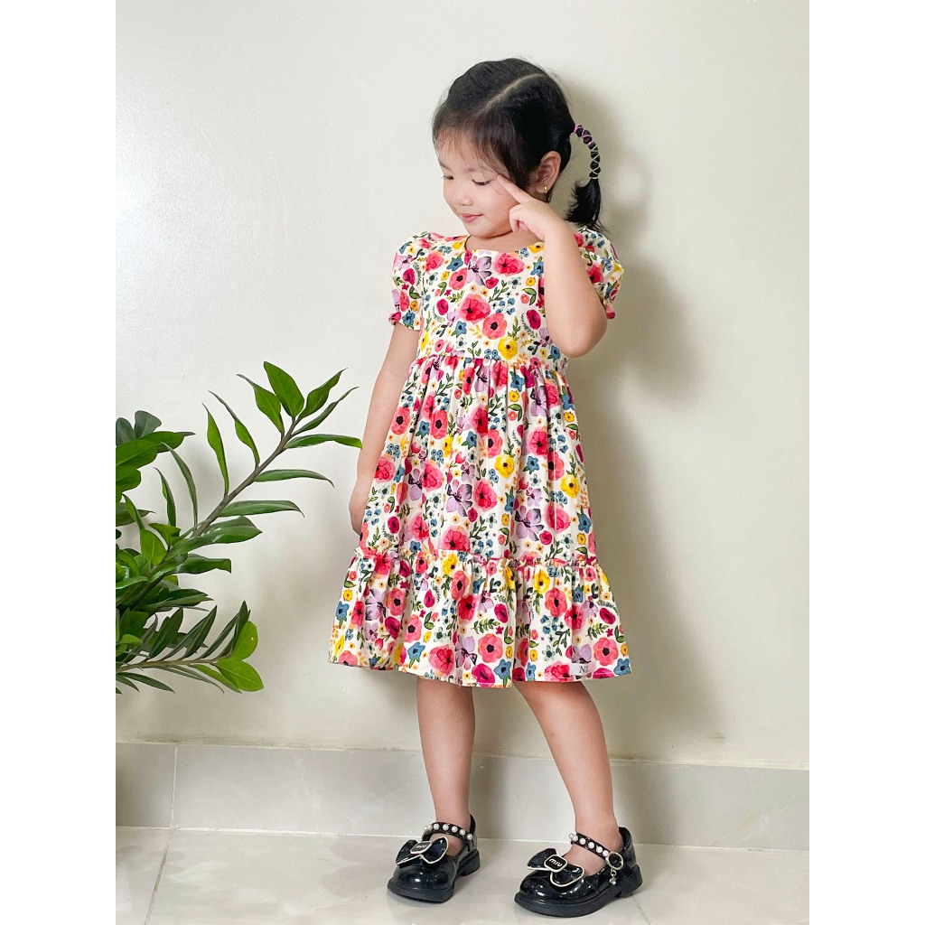 Đầm Cho Bé Gái Kiểu Váy Hoa Xòe Cho Bé Hai Tầng Rộng Vải Thô Hoa Mát Mẻ