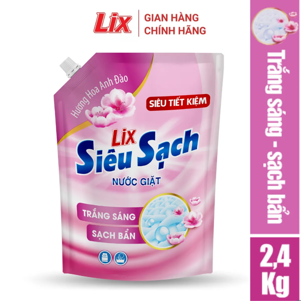 Nước giặt Lix đậm đặc hương hoa anh đào túi 2.4Kg N2503 làm sạch cực nhanh vết bẩn, tăng gấp đôi sức mạnh giặt tẩy