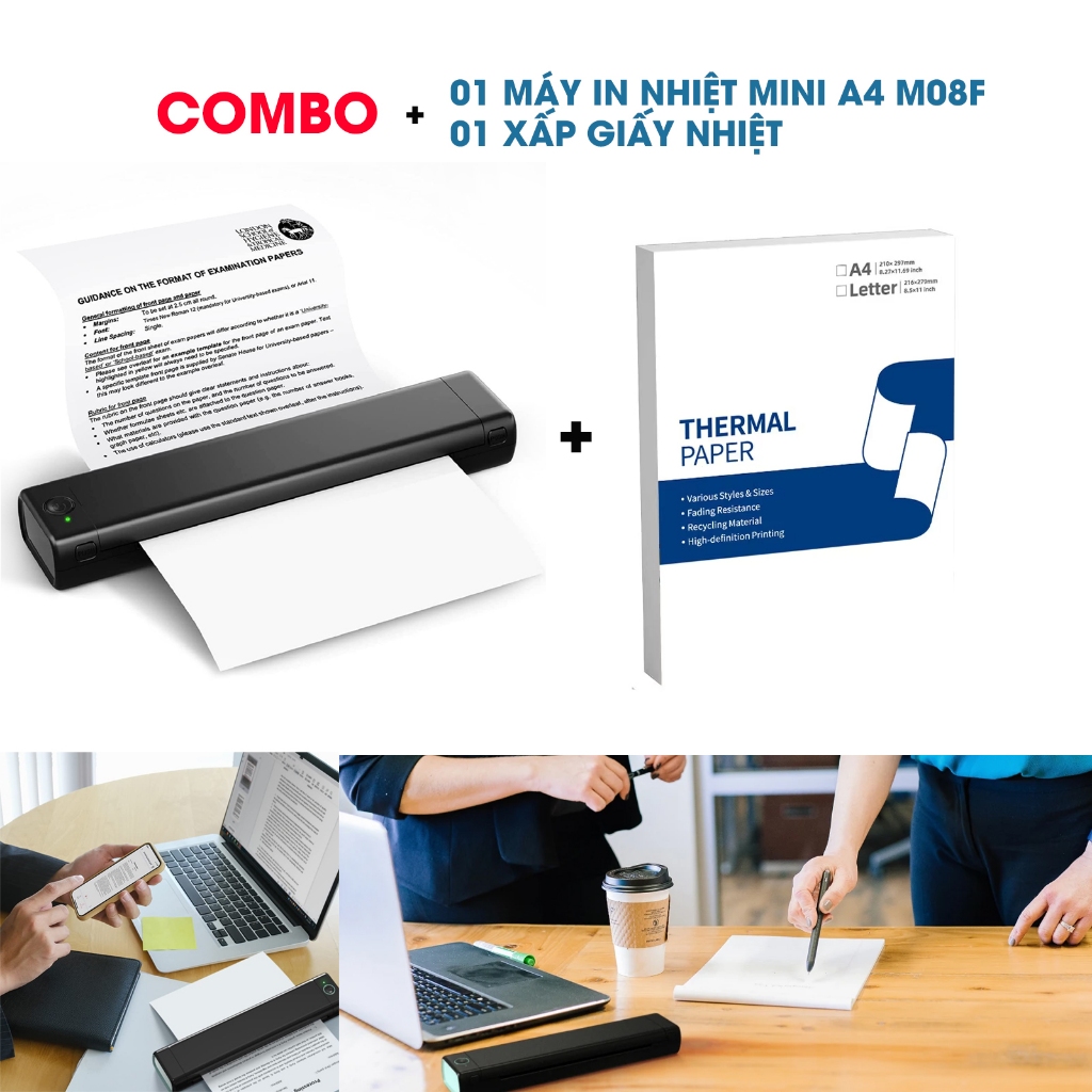 COMBO 01 Máy in nhiệt M08F + 01 xấp giấy in nhiệt KT-RM10-A4