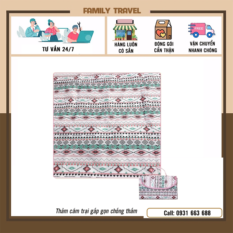 Thảm dã ngoại picnic decor chụp ảnh, Thảm du lịch cắm trại gấp gọn chống thấm nước in họa tiết - Family Travel