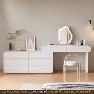 Bàn trang điểm nhiều ngăn kèm tủ để đồ - kéo dài và thu gọn thông minh, bàn trang điểm gỗ hiện đại n2 furniture 06
