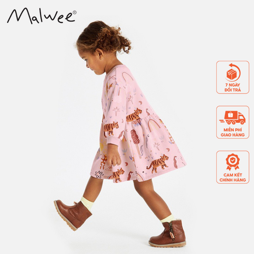 Váy hồng nỉ da cá hoạ tiết động vật Malwee thời trang trẻ em từ 2-7 tuổi MW8929