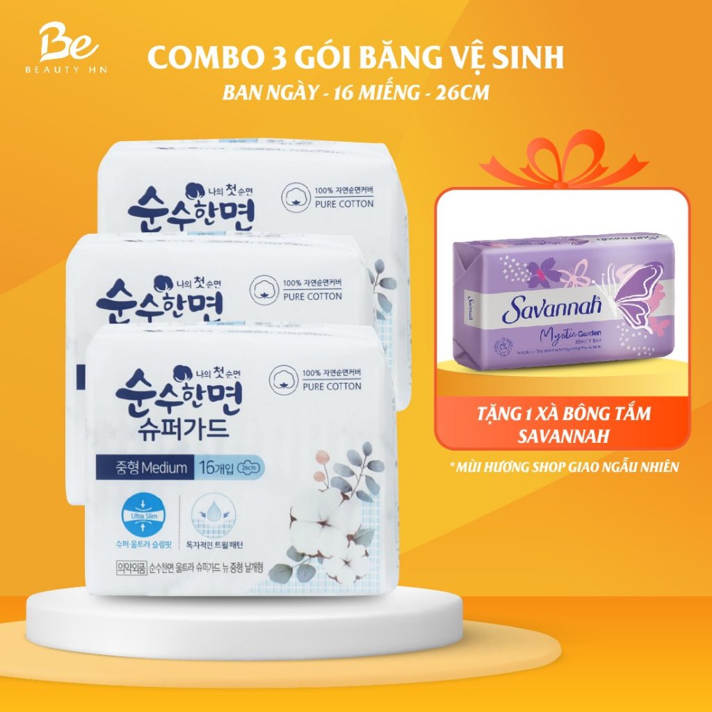 Combo 3 gói băng vệ sinh Kleannara Soonsoohan Hàn Quốc siêu mỏng ban ngày size M 26cm - 16 miếng/gói có cánh