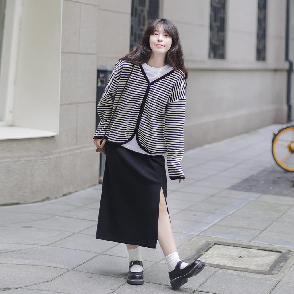 Áo Khoác Nữ Sọc Thời Trang, Áo Khoác Cardigan Nữ Sọc Cotton Hàn Quốc