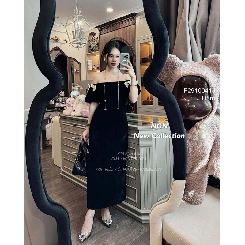 Đầm maxi nhung đen trễ vai phối nơ sang trọng VIENS STORE