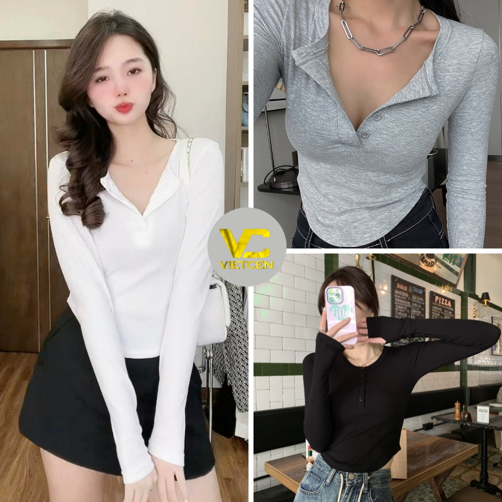 Áo dài tay vạt bầu phối khuy nữ, Áo Thun kiểu dáng ôm body bánh bèo tiểu thư hotgirl phong cách sexy cá tính VIETCEN