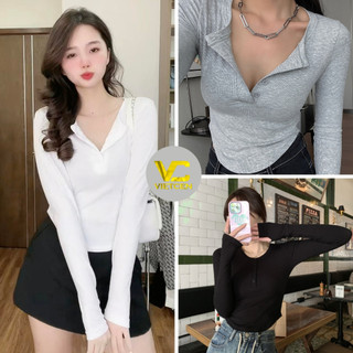 Áo dài tay vạt bầu phối khuy nữ, Áo Thun kiểu dáng ôm body bánh bèo tiểu thư hotgirl phong cách sexy cá tính VIETCEN