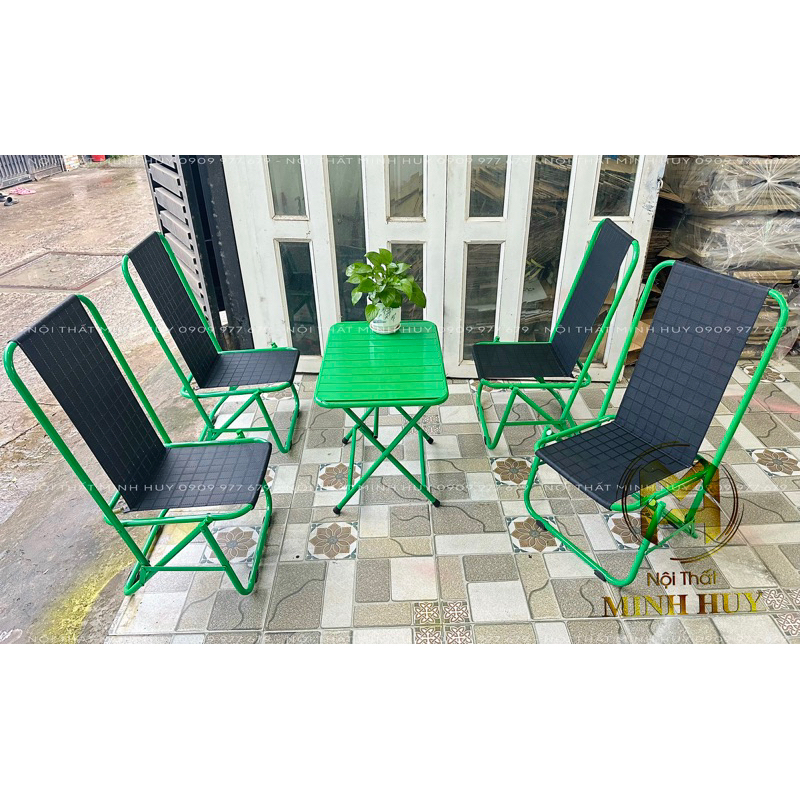 Bàn Ghế Xếp Lưới Màu Xanh Lá Phối Bàn , Cafe Trà Sữa