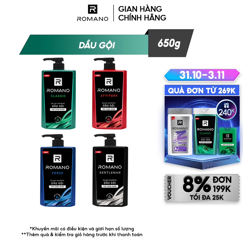 Dầu gội Romano hương nước hoa Classic/ Force/ Attitude/ Gentleman 650g/chai - 4 mùi hương có sẵn