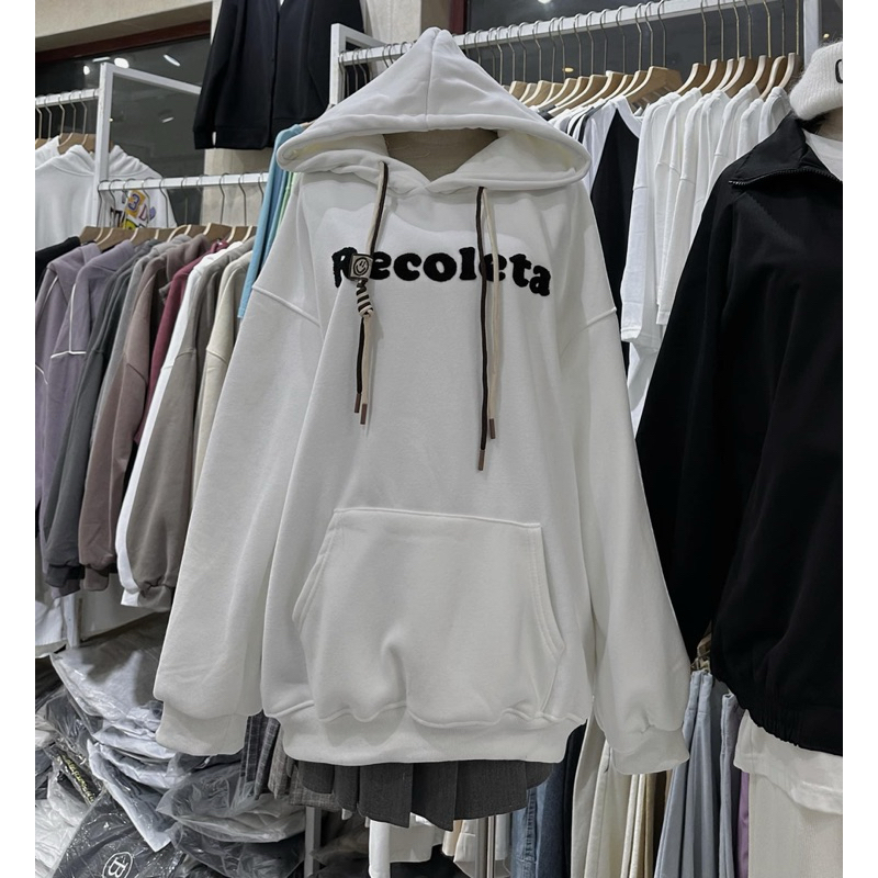 Hoodie lót nhung chữ nổi thêu